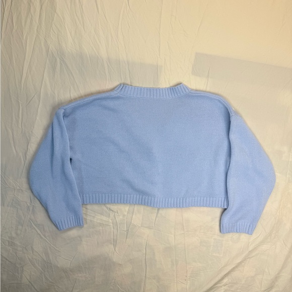 Baby Blue Cloudcore Print Cropped Cardigan Soft Knit Sweater - Picture 5 of 5